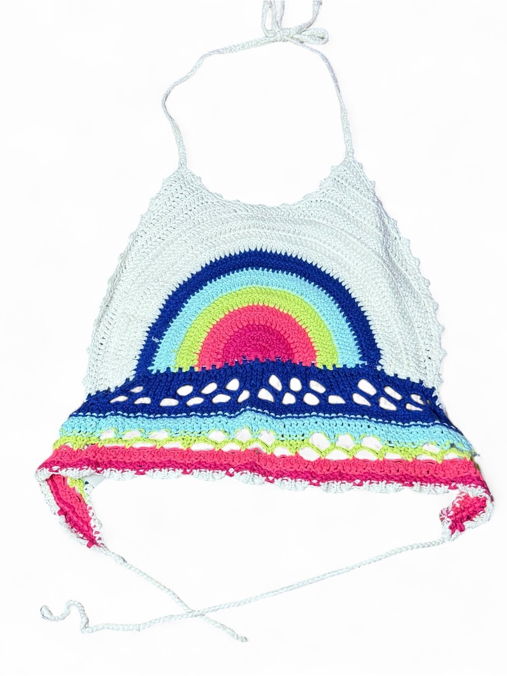 Y2K Arizona Jean Co Crochet Knit Rainbow Halter Top Lined Tie Back Festival S